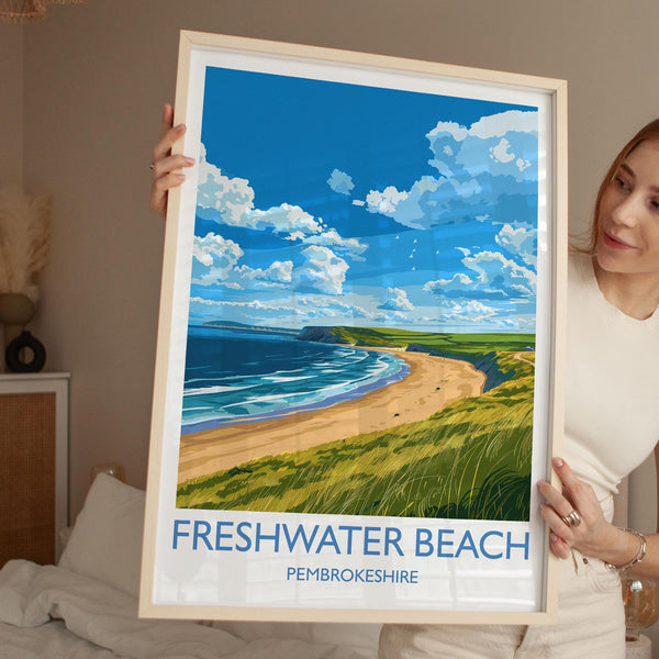 Freshwater Beach Travel Print, Travel Poster of Freshwater Beach, Wales, Pembrokeshire Art Gift, Wales Art Lovers Gift, Wall Art Print