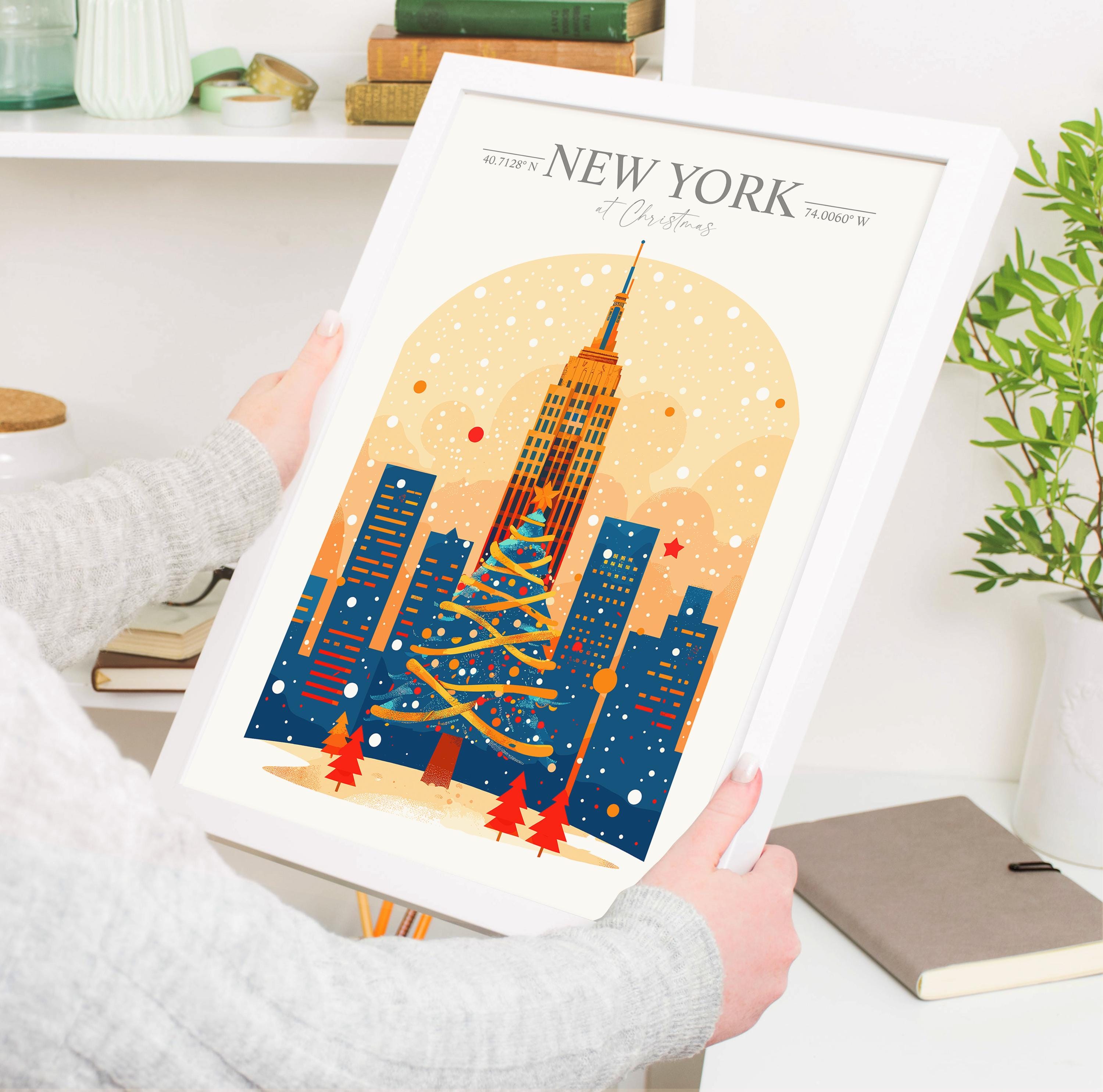 New York Christmas Skyline Travel Poster Wall Art, New York Skyline Travel Print, New York City, US City Art, New York Art Lovers Gift NQ Media Designs