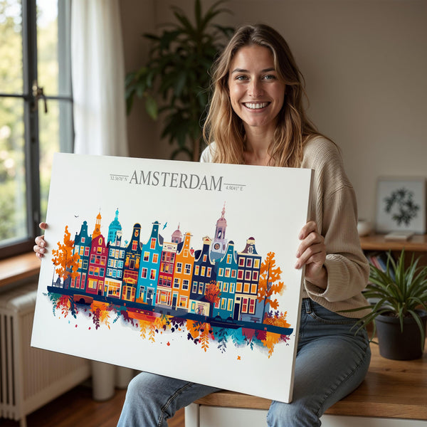 Amsterdam Skyline Travel Poster Wall Art Landscape, Travel Print of Amsterdam, Amsterdam Art Lovers Gift,Netherlands Art Gift