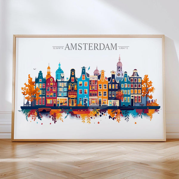 Amsterdam Skyline Travel Poster Wall Art Landscape, Travel Print of Amsterdam, Amsterdam Art Lovers Gift,Netherlands Art Gift