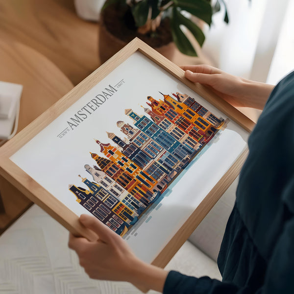 Amsterdam Skyline Travel Poster Wall Art Landscape, Travel Print of Amsterdam, Amsterdam Art Lovers Gift,Netherlands Art Gift