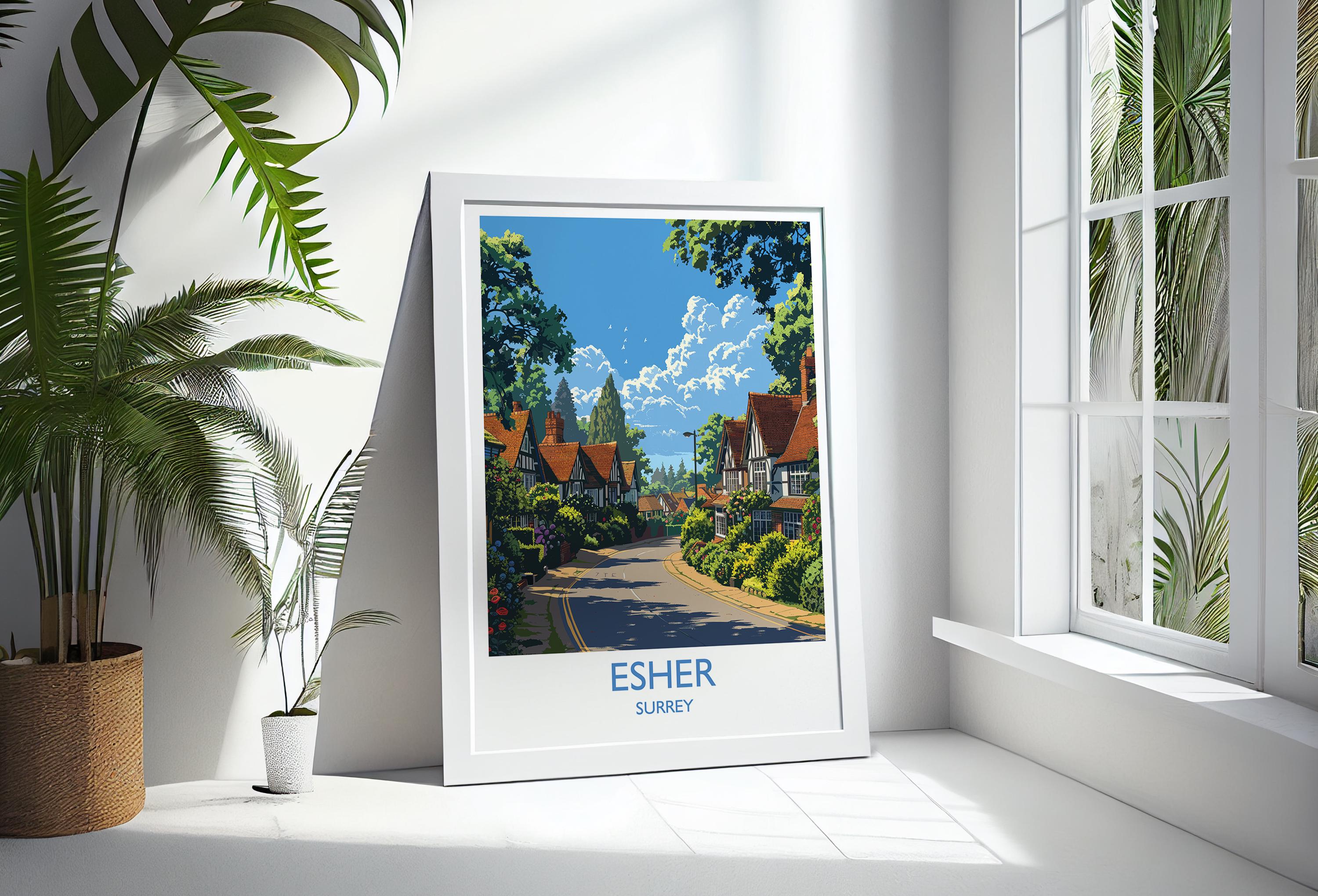 Esher Travel Print, Travel Poster of Esher, Surrey Poster, Esher Art Gift, London Art Lovers UK Travel Gift NQ Media Designs