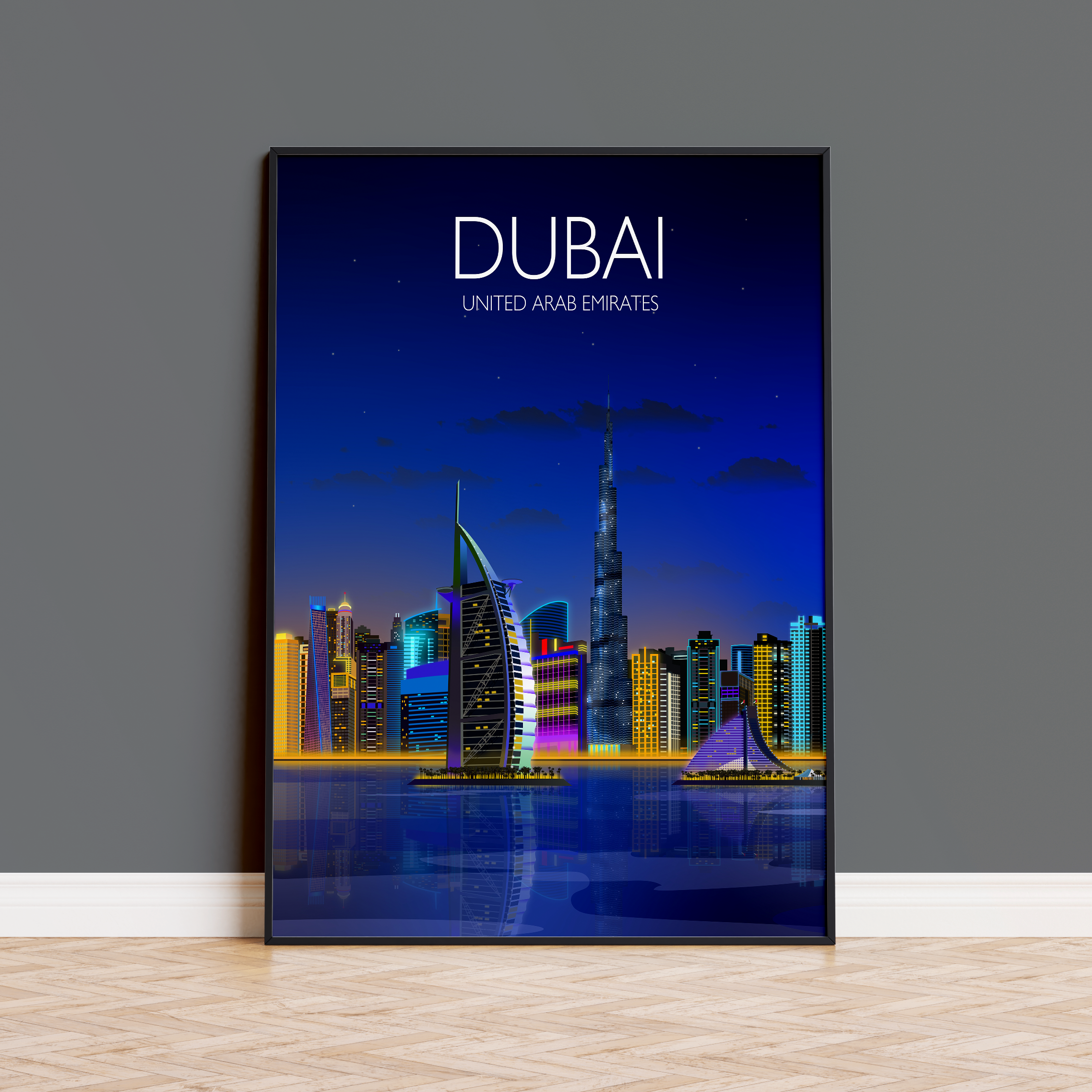Dubai at night Travel Poster, Travel Print of Dubai, City of Dubai at night, United Arab Emirates Travel Poster, Dubai Cityscape NQ Media Designs