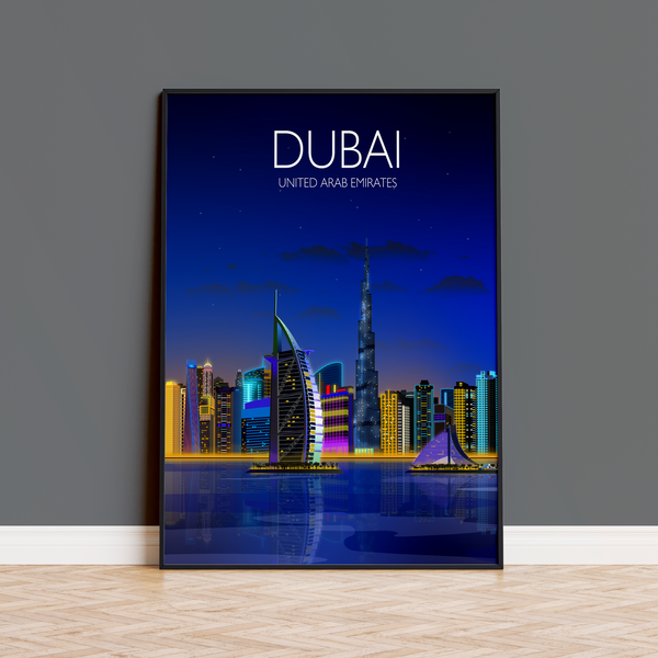 Dubai at night Travel Poster, Travel Print of Dubai, City of Dubai at night, United Arab Emirates Travel Poster, Dubai Cityscape