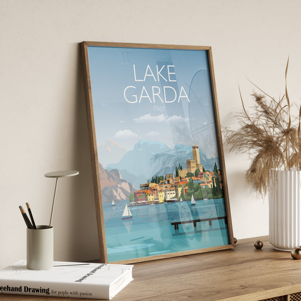 a picture of a lake garda with a boat in the water