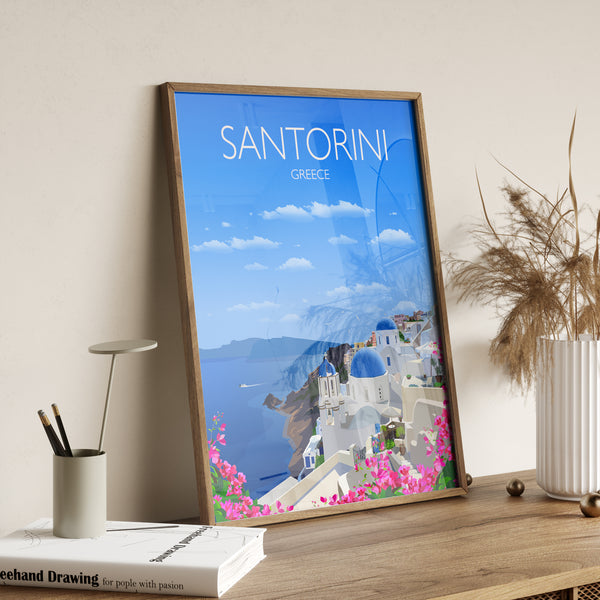 a picture of a poster on a shelf next to a potted plant