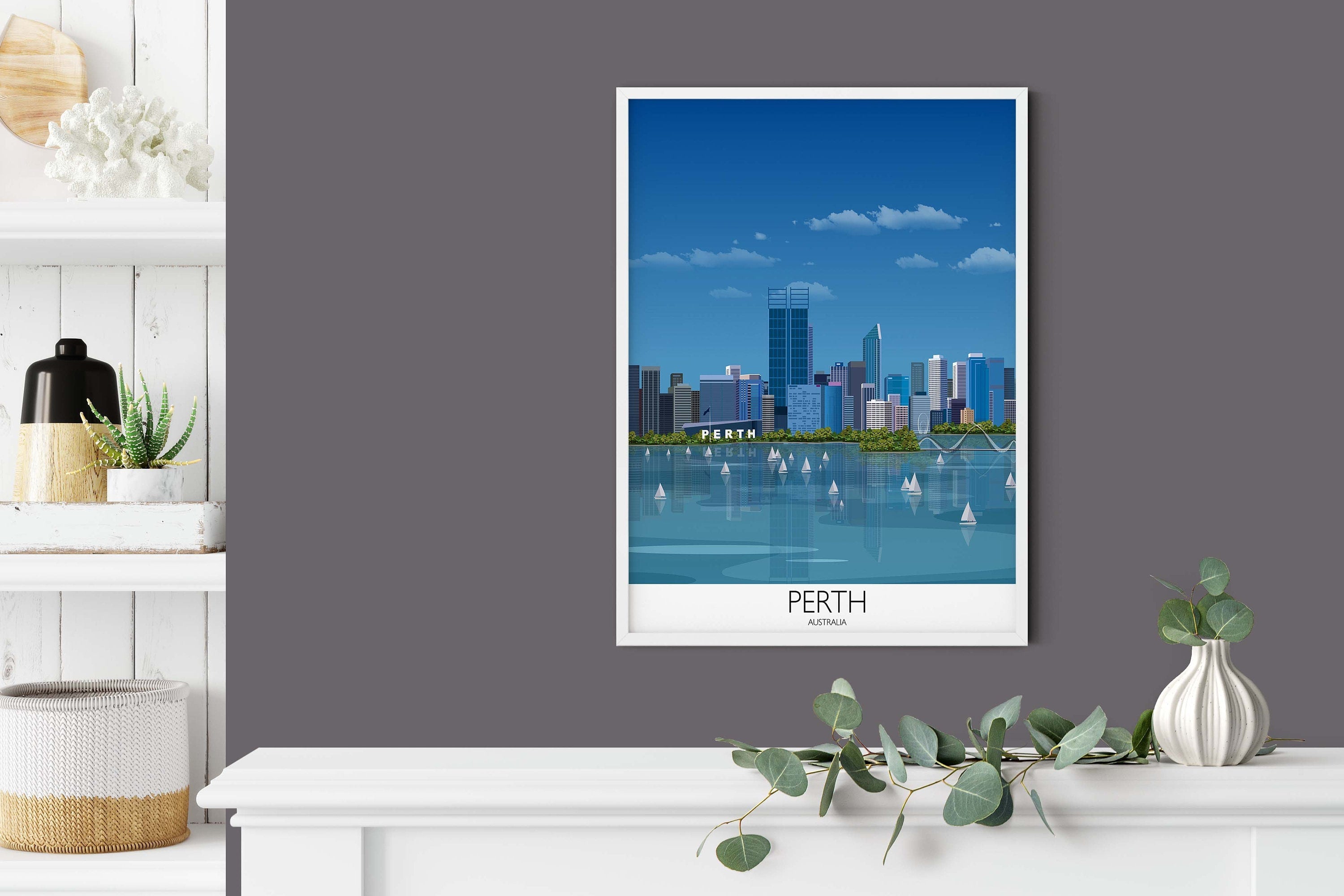Perth Travel Poster, Travel Print of Perth, City of Perth, Australia NQ Media Designs