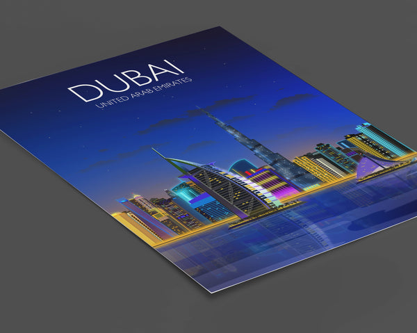 Dubai at night Travel Poster, Travel Print of Dubai, City of Dubai at night, United Arab Emirates Travel Poster, Dubai Cityscape
