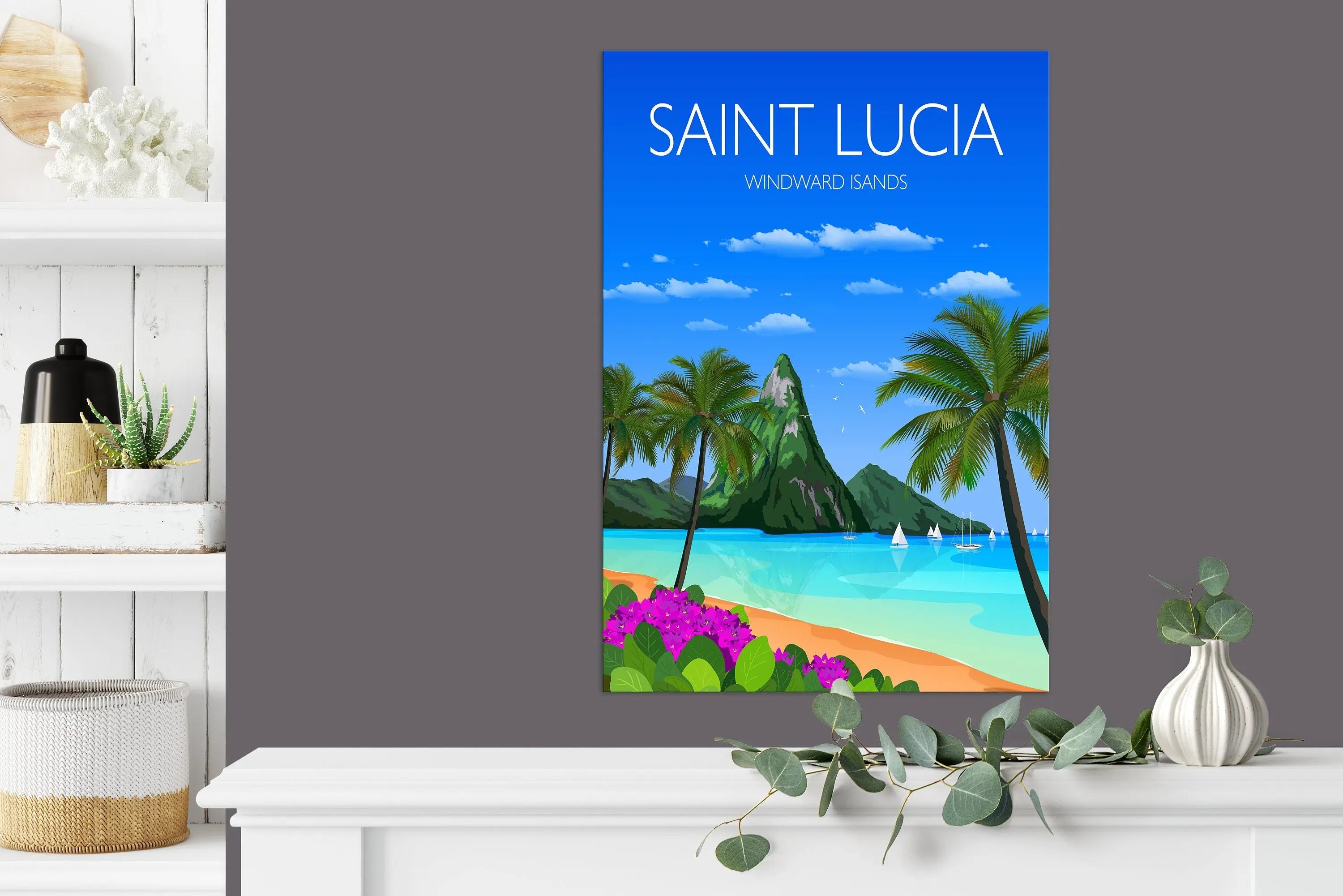 Saint Lucia Travel Poster, Travel Print of Saint Lucia, Windward Islands, Caribbean NQ Media Designs