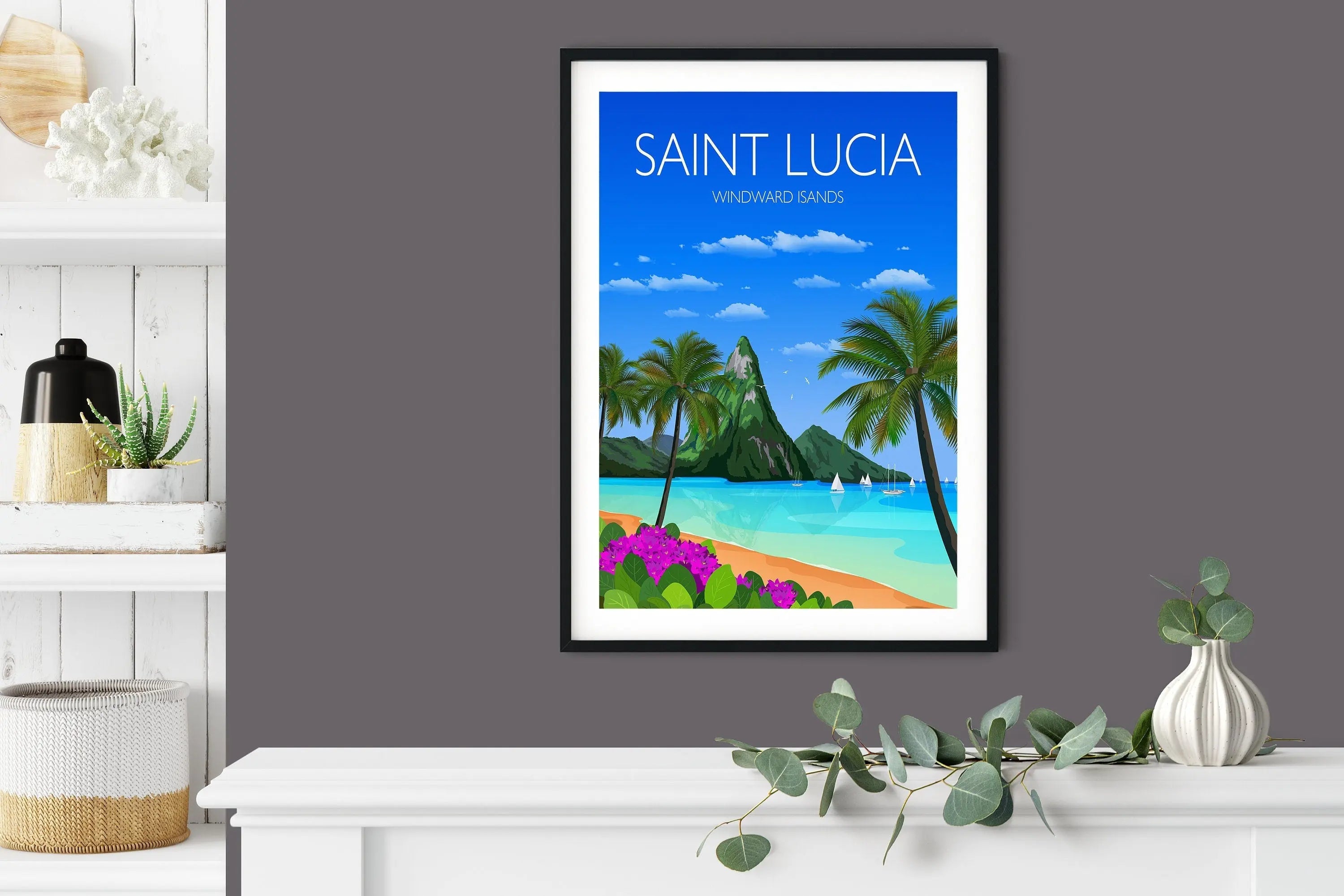 Saint Lucia Travel Poster, Travel Print of Saint Lucia, Windward Islands, Caribbean NQ Media Designs