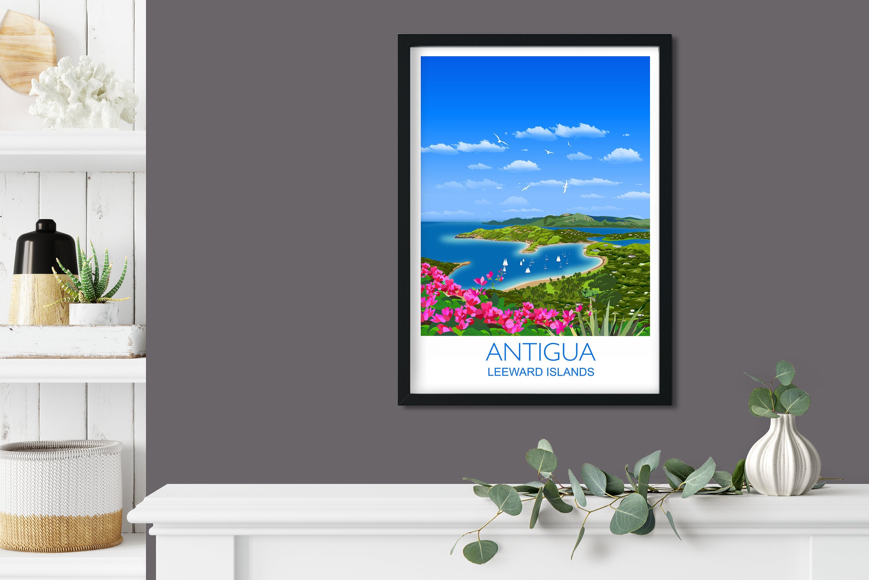 Antigua Travel Print, Travel Poster of Antigua, Leeward Islands, Caribbean, NQ Media Designs