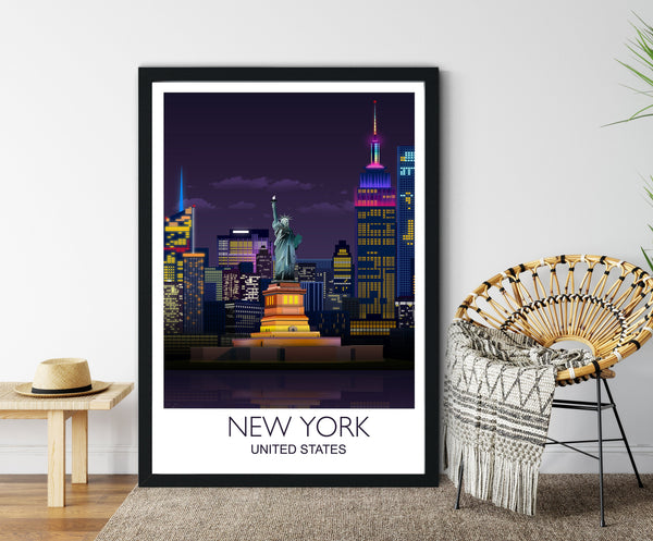 Statue of Liberty Travel Print, Travel Poster of New York Manhattan Skyline, USA