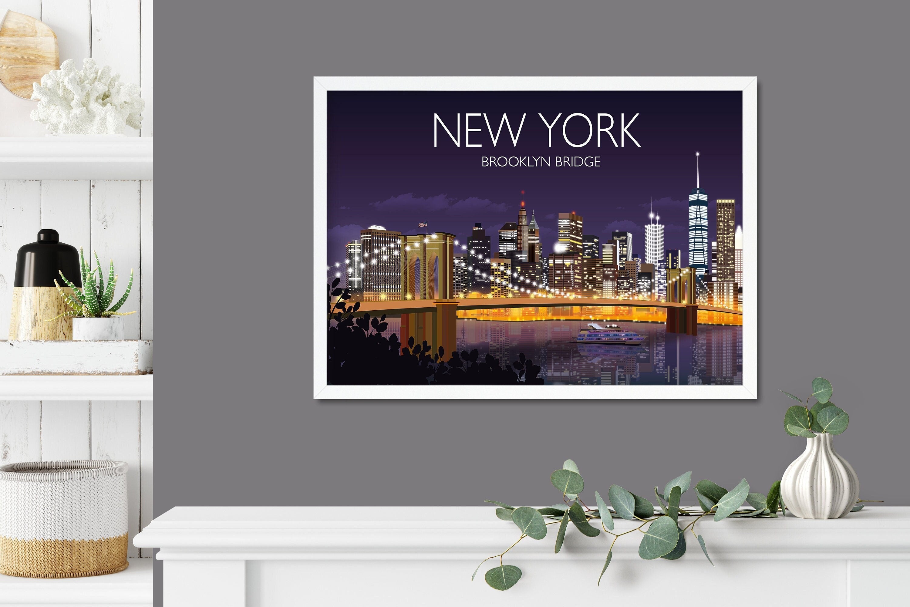 Brooklyn Bridge Travel Print, Travel Poster of Brooklyn Bridge, New York, USALimited Edition NQ Media Designs
