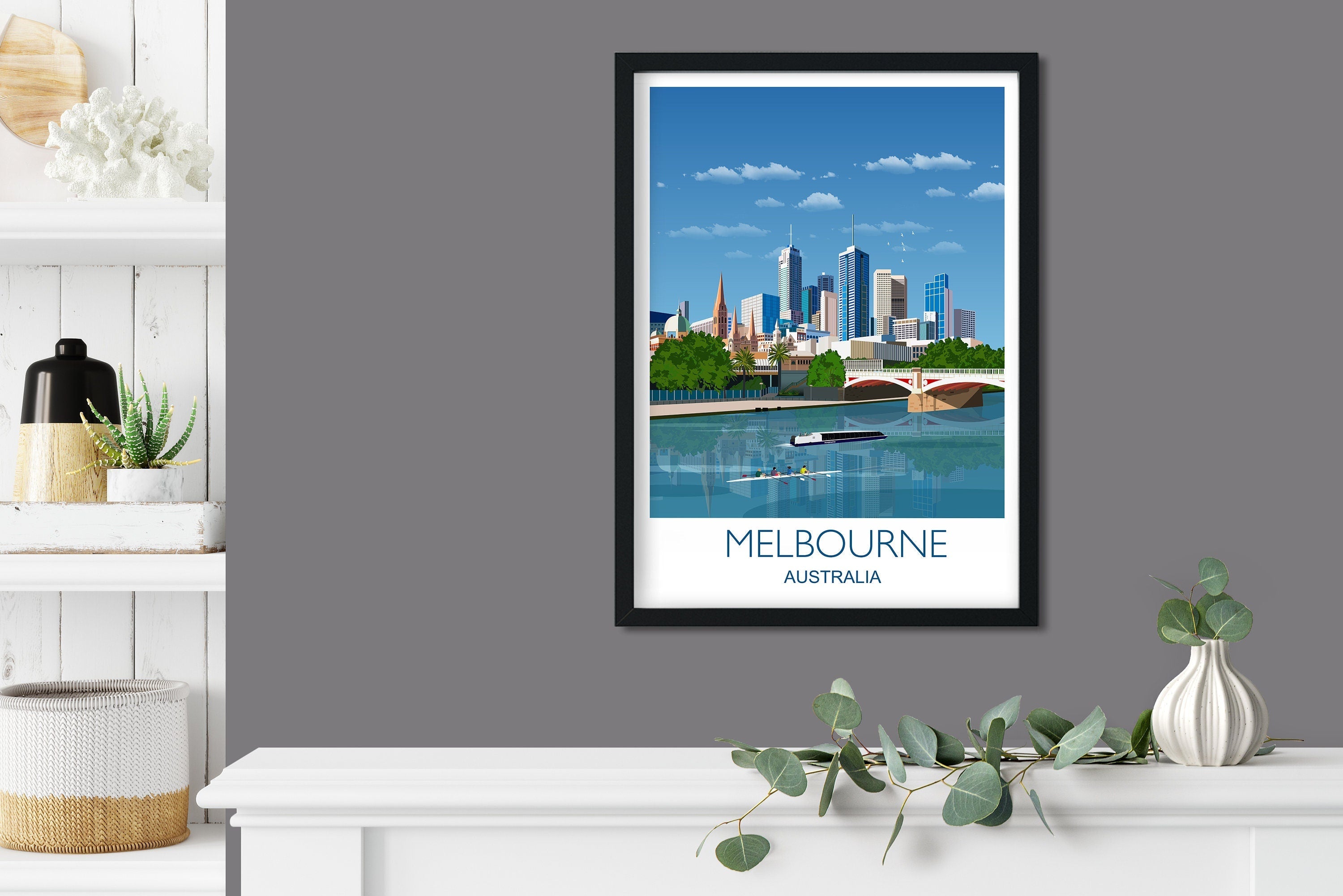 Melbourne Travel Print, Travel Poster of Melbourne, City of Melbourne, Victoria, Australia NQ Media Designs