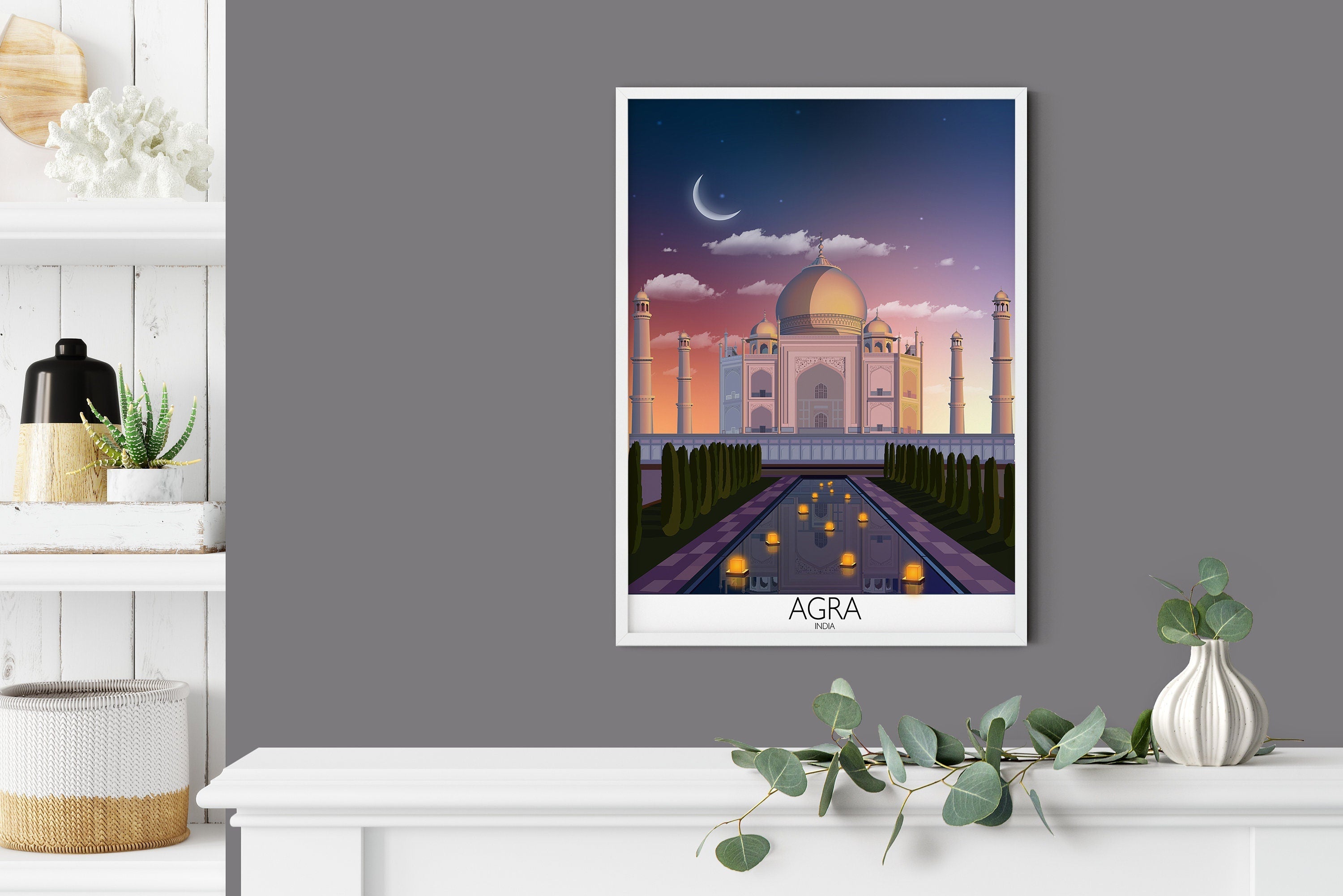Agra Travel Print at sunset, Agra Poster, Taj Mahal, India NQ Media Designs