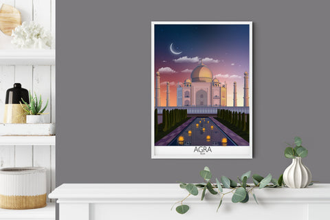 Agra Travel Print at sunset, Agra Poster, Taj Mahal, India