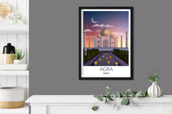 Taj Mahal Travel Poster at sunset, Agra, India