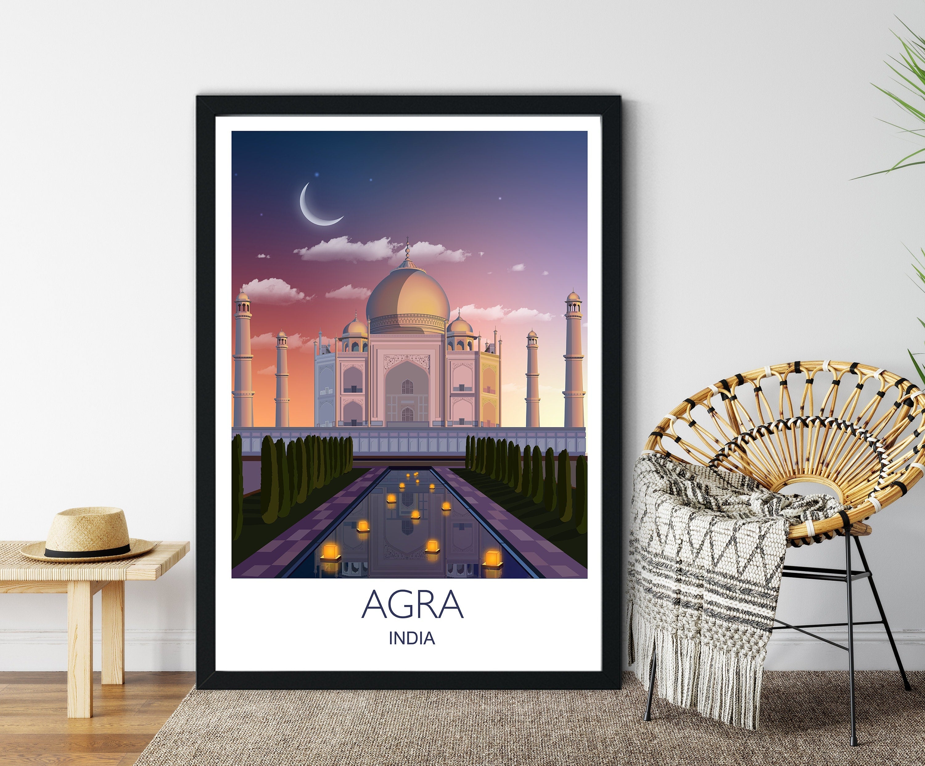 Taj Mahal Travel Poster at sunset, Agra, India NQ Media Designs