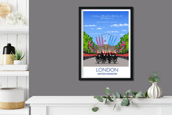 Queen Elizabeth II Memorial Travel Poster of London , Buckingham Palace, City of London, UK, Limited Edition Print
