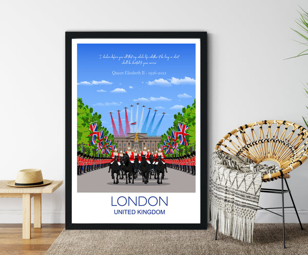 Queen Elizabeth II Memorial Travel Poster of London , Buckingham Palace, City of London, UK, Limited Edition Print