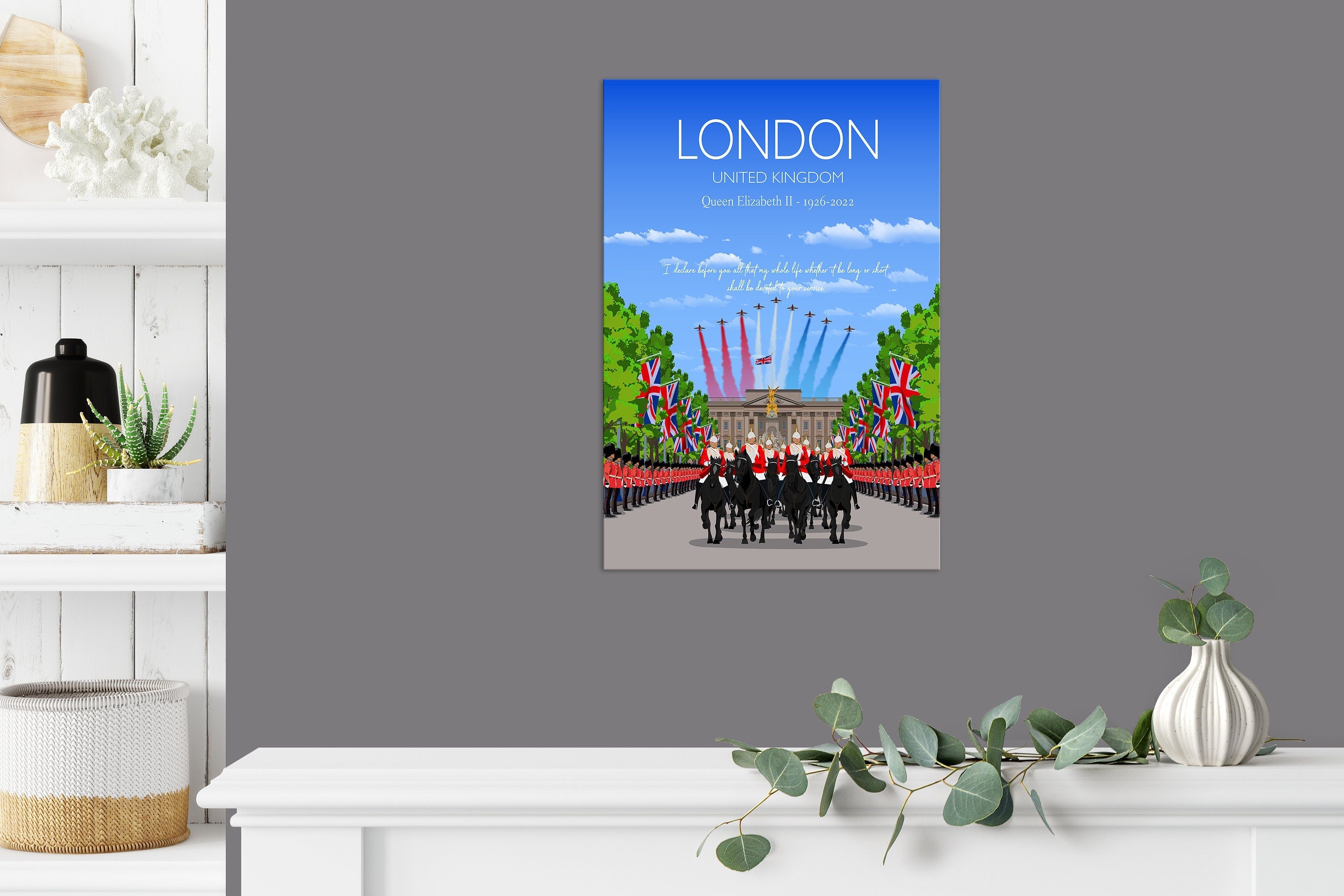 Queen Elizabeth IIMemorial Print, London Travel Poster, Buckingham Palace, City of London, UK, Limited Edition Print NQ Media Designs