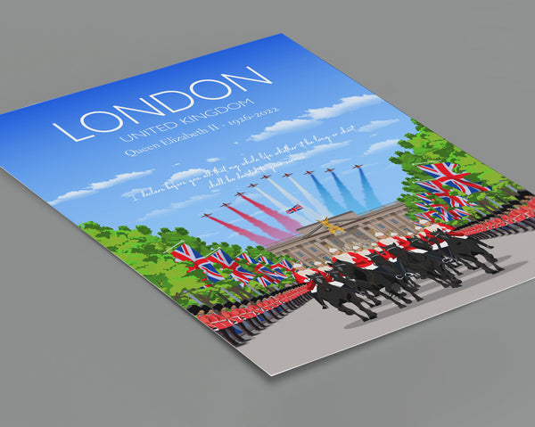 Queen Elizabeth IIMemorial Print, London Travel Poster, Buckingham Palace, City of London, UK, Limited Edition Print