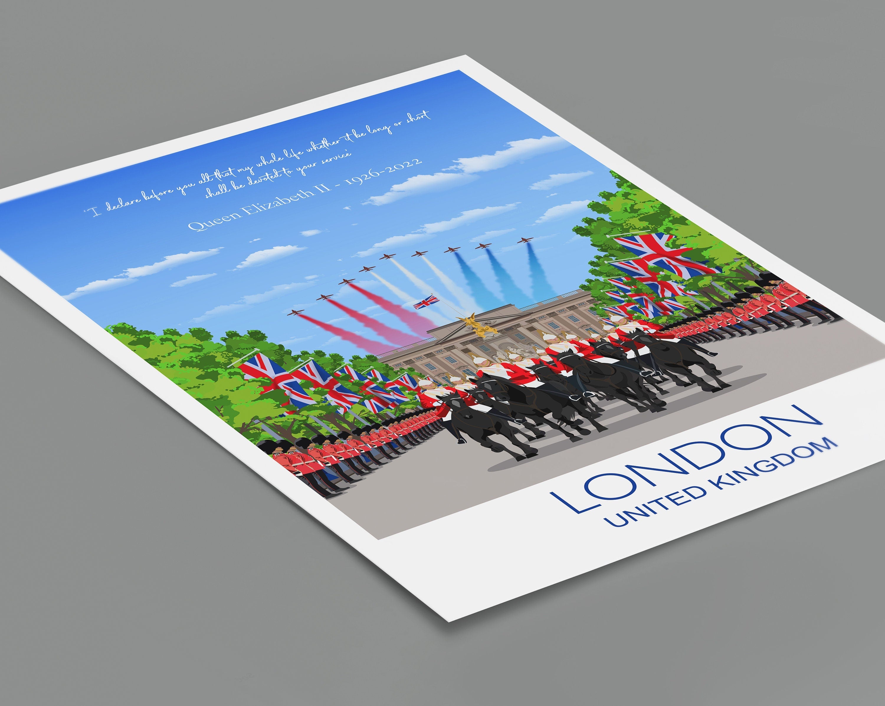 Queen Elizabeth II Memorial Travel Poster of London , Buckingham Palace, City of London, UK, Limited Edition Print NQ Media Designs
