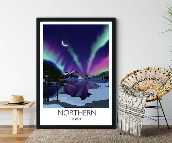 Northern Lights Travel Poster, Aurora Borealis Travel Print,