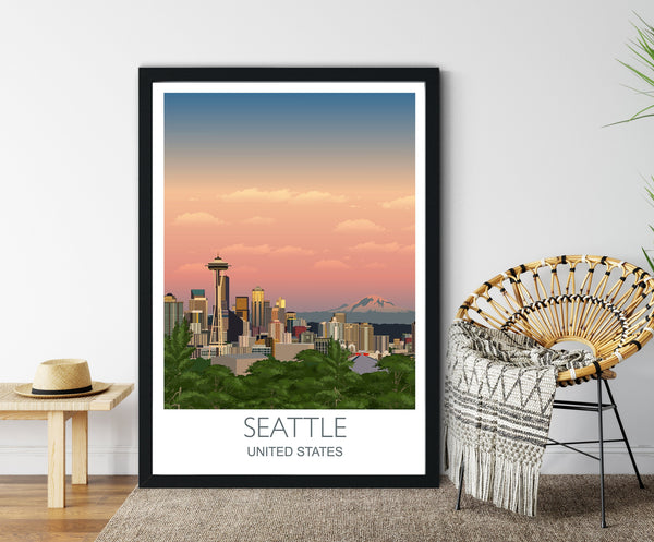 Seattle Travel Poster, Travel Print of Seattle, City of Seattle, USA