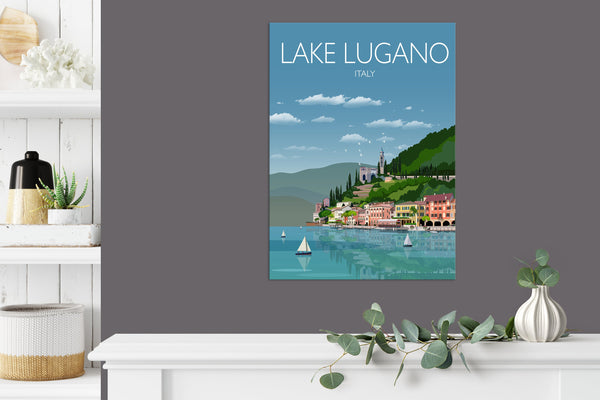 Lake Lugano Travel Poster, Travel Print of Lake Lugano, Italian Lakes, Italy