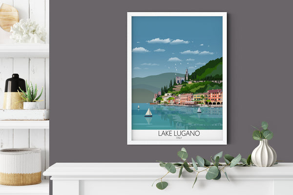 Lake Lugano Travel Poster, Travel Print of Lake Lugano, Italian Lakes, Italy