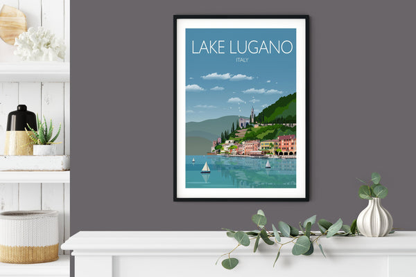 Lake Lugano Travel Poster, Travel Print of Lake Lugano, Italian Lakes, Italy