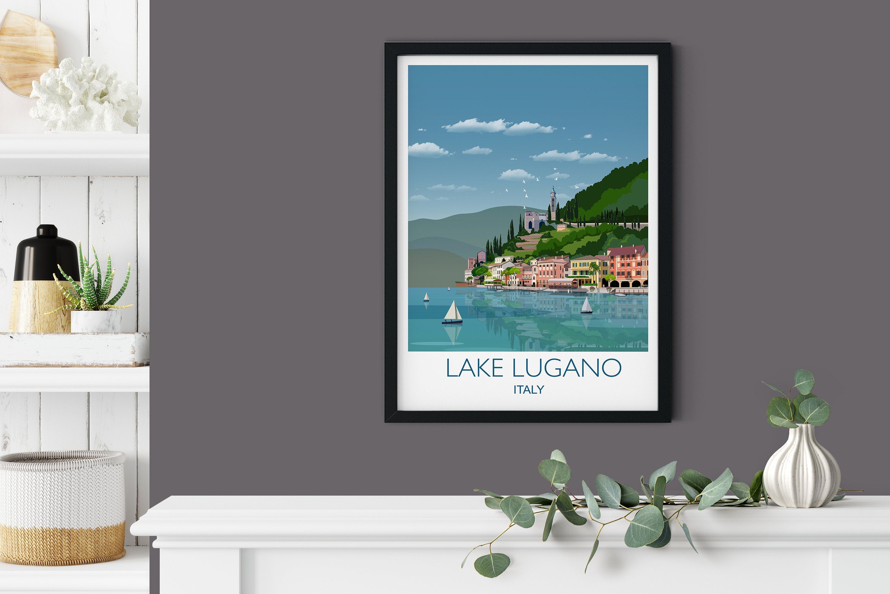 Lake Lugano Travel Poster, Travel Print of Lake Lugano, Italian Lakes, Italy NQ Media Designs