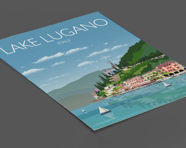 Lake Lugano Travel Poster, Travel Print of Lake Lugano, Italian Lakes, Italy