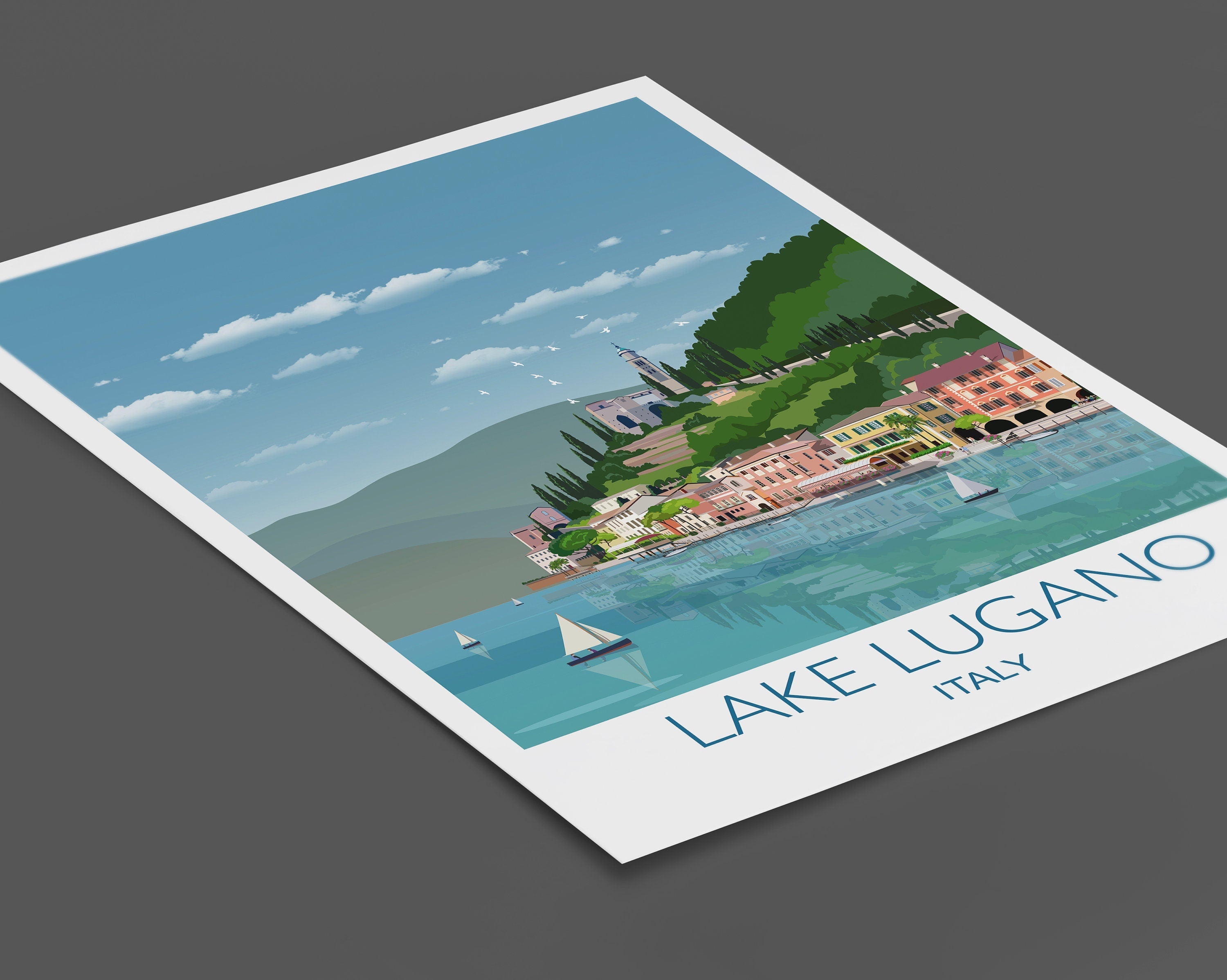 Lake Lugano Travel Poster, Travel Print of Lake Lugano, Italian Lakes, Italy NQ Media Designs