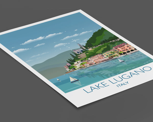 Lake Lugano Travel Poster, Travel Print of Lake Lugano, Italian Lakes, Italy