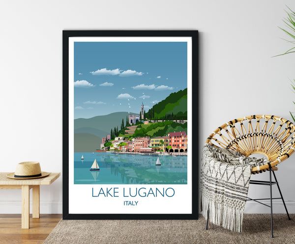 Lake Lugano Travel Poster, Travel Print of Lake Lugano, Italian Lakes, Italy