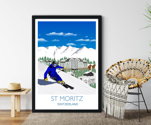 St Moritz Travel Poster, Travel Print of St Moritz, Switzerland