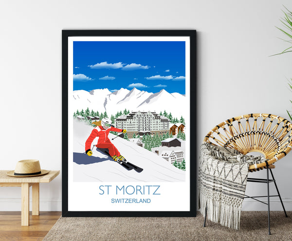 St Moritz Travel Poster, Travel Print of St Moritz, Switzerland