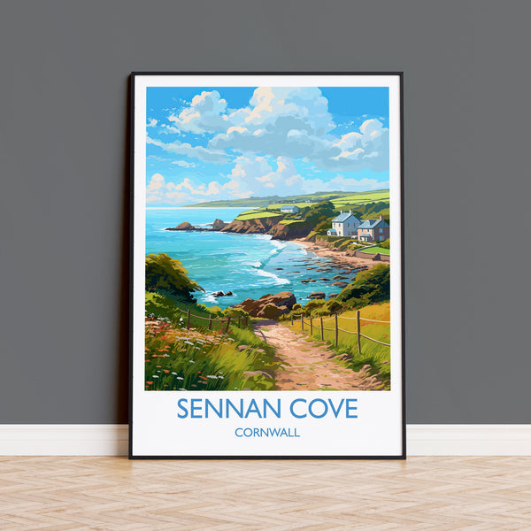 Sennan Cove Travel Poster, Travel Print of Sennan Cove, England, Cornwall Art, Cornwall Gift, Wall Art Print