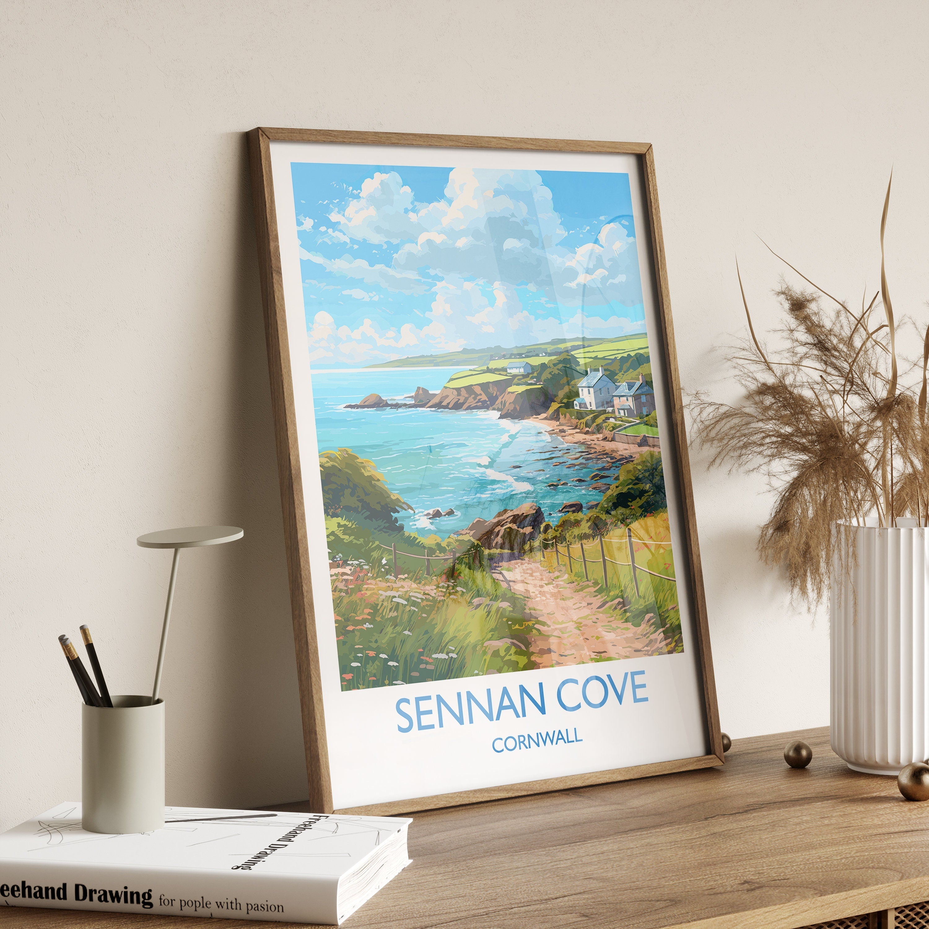 Sennan Cove Travel Poster, Travel Print of Sennan Cove, England, Cornwall Art, Cornwall Gift, Wall Art Print NQ Media Designs