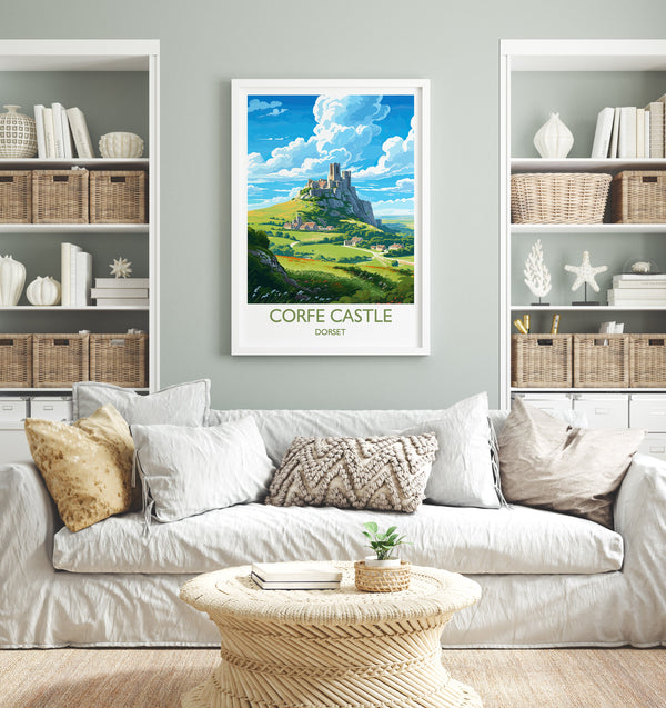 Corfe Castle Travel Print, Travel Poster of Corfe Castle, England, Corfe Castle Gift, Dorset Gift, Wall Art Print