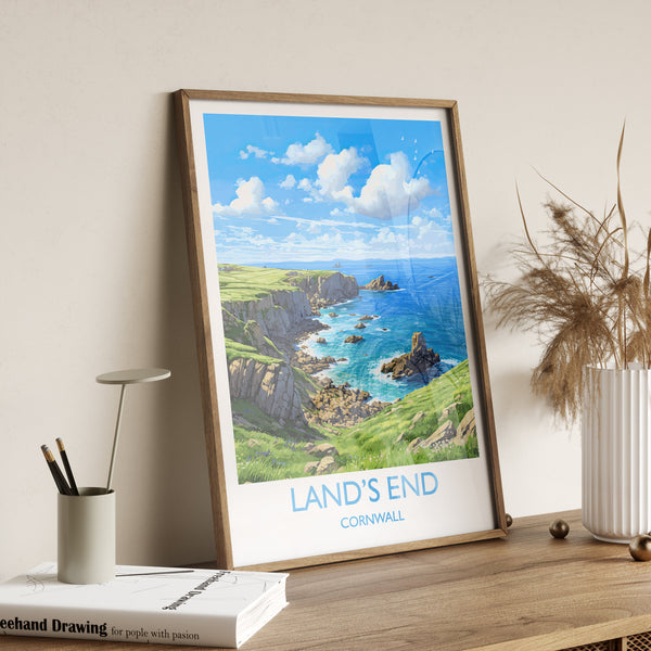 Lands End Travel Poster, Travel Print of Lands End, England, Cornwall Art, Cornwall Gift, Wall Art Print