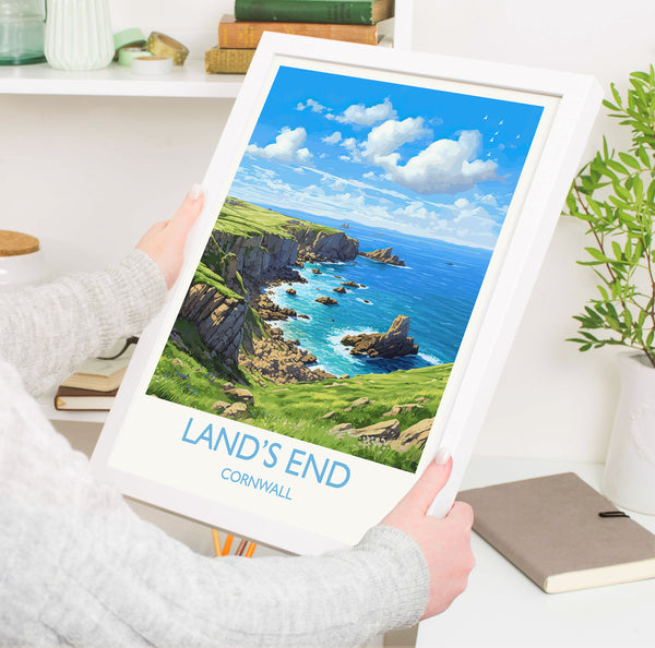 Lands End Travel Poster, Travel Print of Lands End, England, Cornwall Art, Cornwall Gift, Wall Art Print