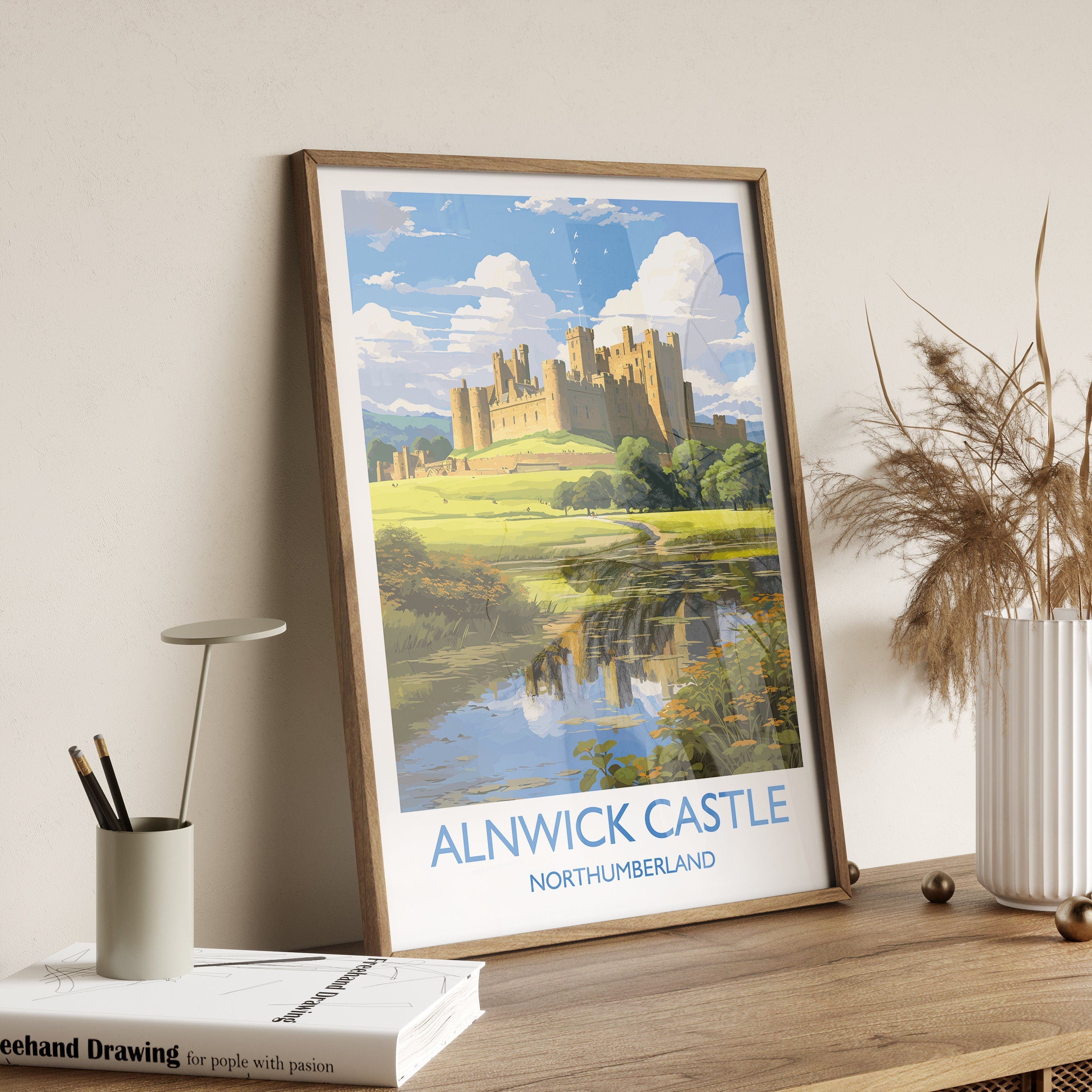 Alnwick Castle Travel Print, Travel Poster of Alnwick Castle, Northumberland, England, Alnwick Castle Gift, Wall Art Print NQ Media Designs