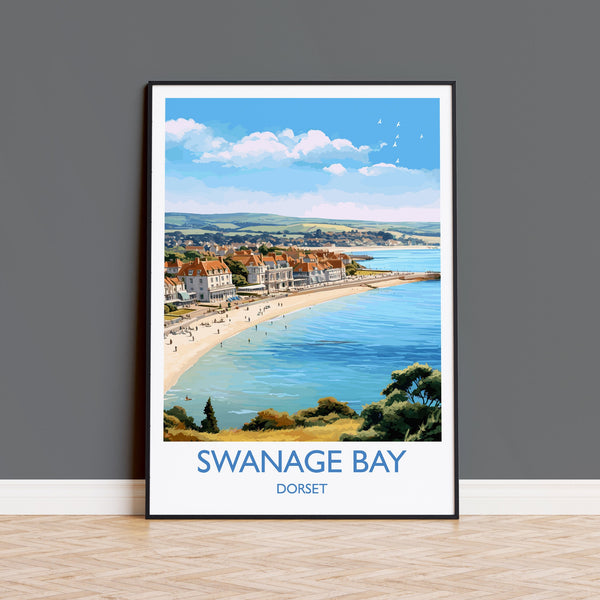 Swanage Bay Travel Print, Travel Poster of Swanage Bay, England, Dorset Coast Art, Dorset Gift, Wall Art Print