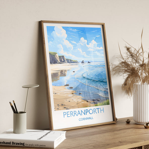 Perranporth Travel Poster, Travel Print of Perranporth, England, Cornwall Art, Cornwall Gift, Wall Art Print