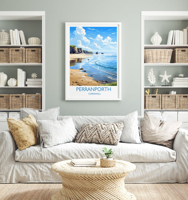 Perranporth Travel Poster, Travel Print of Perranporth, England, Cornwall Art, Cornwall Gift, Wall Art Print