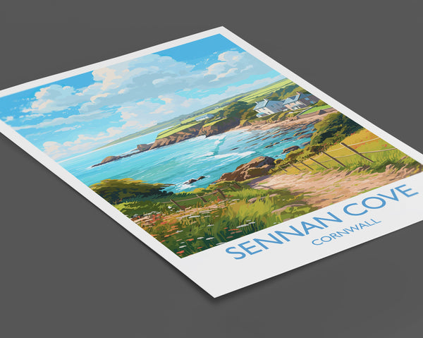 Sennan Cove Travel Poster, Travel Print of Sennan Cove, England, Cornwall Art, Cornwall Gift, Wall Art Print