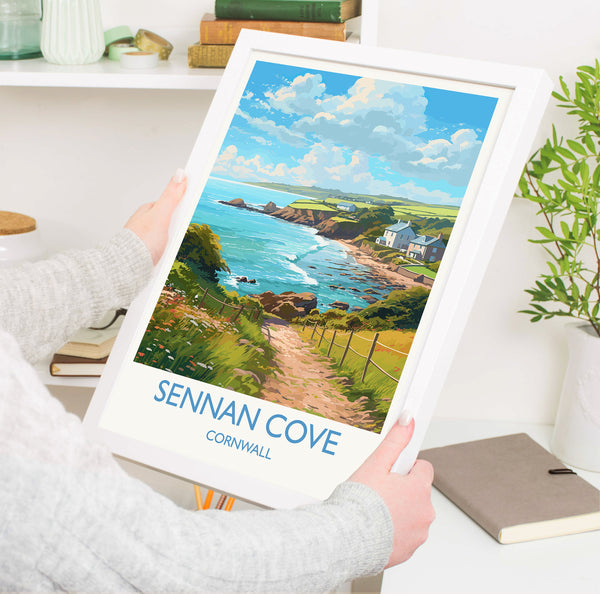 Sennan Cove Travel Poster, Travel Print of Sennan Cove, England, Cornwall Art, Cornwall Gift, Wall Art Print